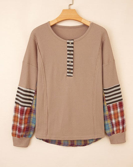 Cotton Waffle Stripe Plaid Patchwork Henley Top
