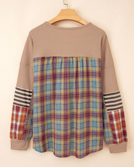 Cotton Waffle Stripe Plaid Patchwork Henley Top