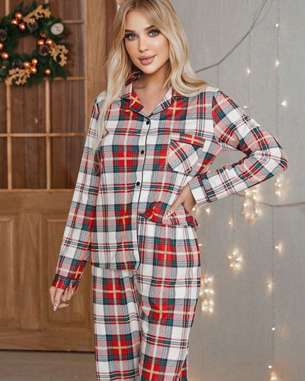 Christmas Plaid Two Piece Long Sleeve Pajamas Set