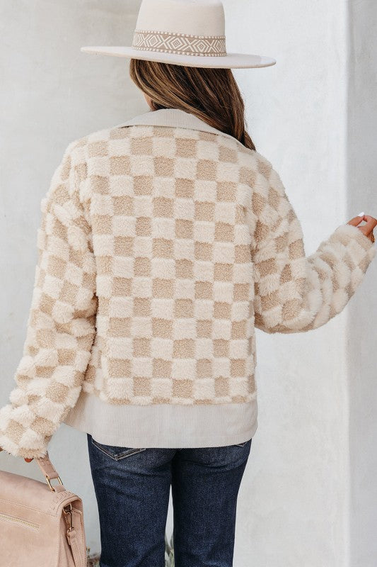 Checker Sherpa Corduroy Patchwork Zip-Up Jacket
