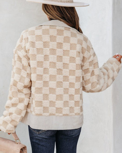 Checker Sherpa Corduroy Patchwork Zip-Up Jacket