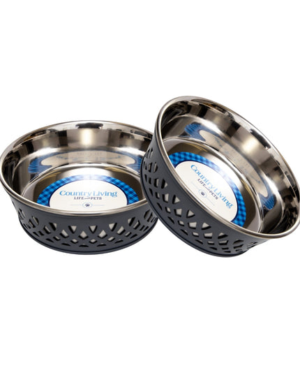 Country Living Set of 2 Stainless Steel Dog Bowls – Farmhouse Style, Ideal for Small to Medium Dogs