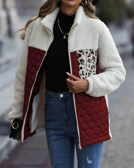 Women Leopard Color Block Zip-Up Jacket