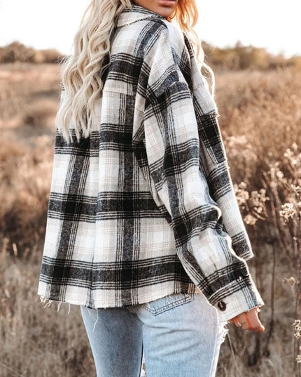 Women Pocketed Plaid Button Down Long Sleeve Shacket