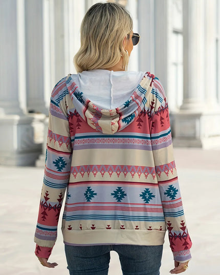 Geometric Zip Up Long Sleeve Hooded Jacket