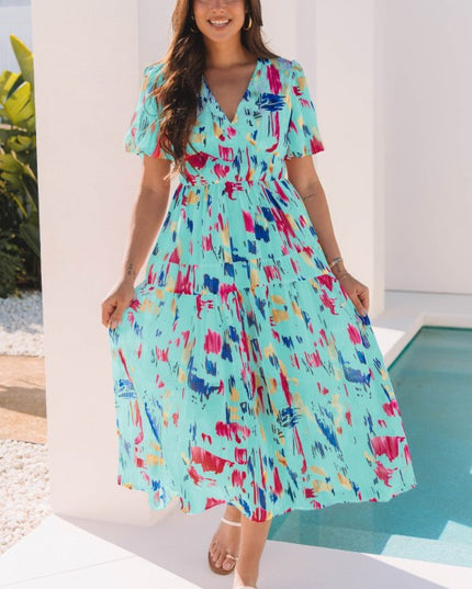 Roselyn Abstract Short Puff Sleeve Tiered Maxi Dress