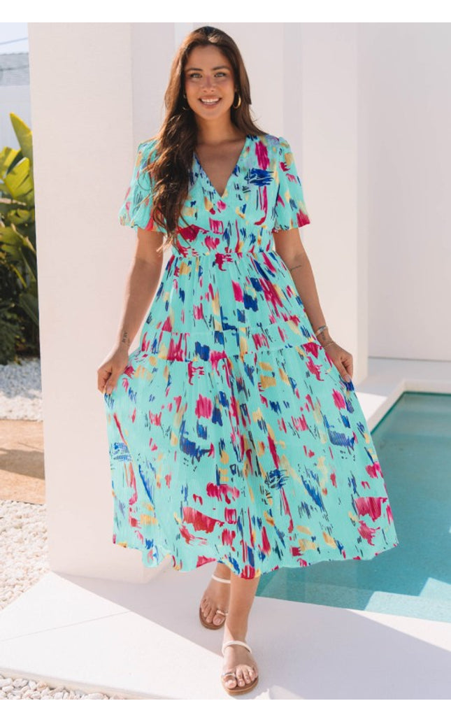 Roselyn Abstract Short Puff Sleeve Tiered Maxi Dress