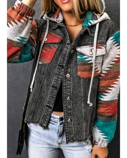 Women Drawstring Hooded Pocketed Denim Jacket