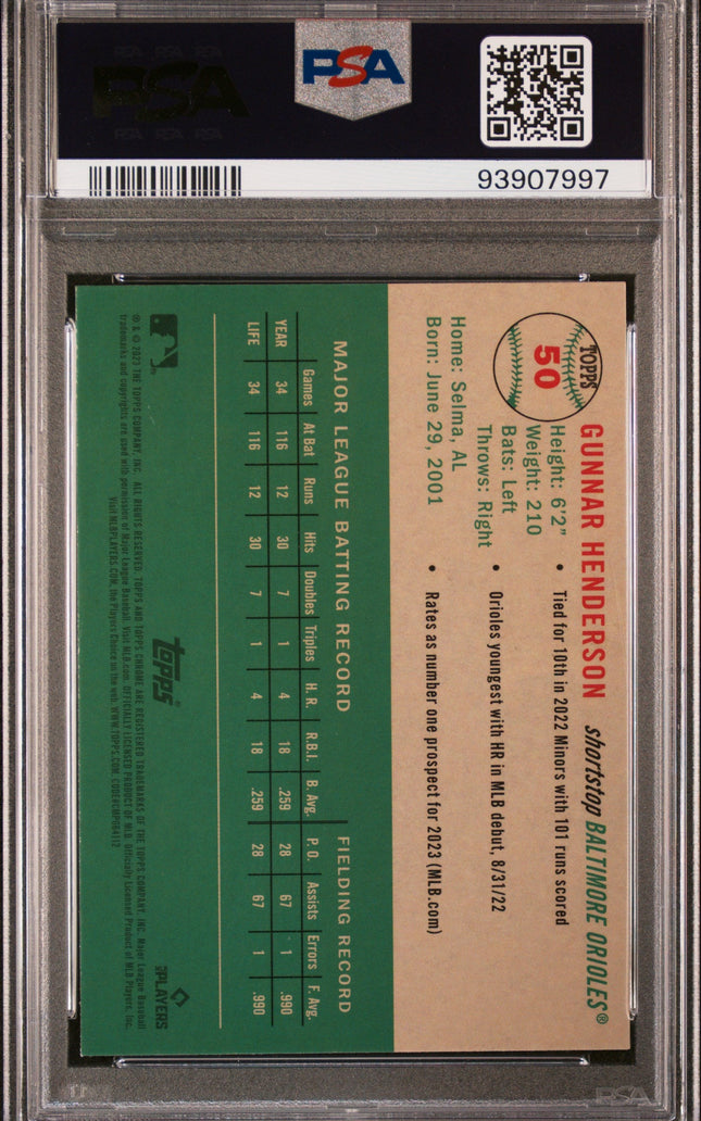 Graded 2023 Topps Platinum Anniversary Gunnar Henderson #50 Rookie RC Baseball Card PSA 10 Gem Mint