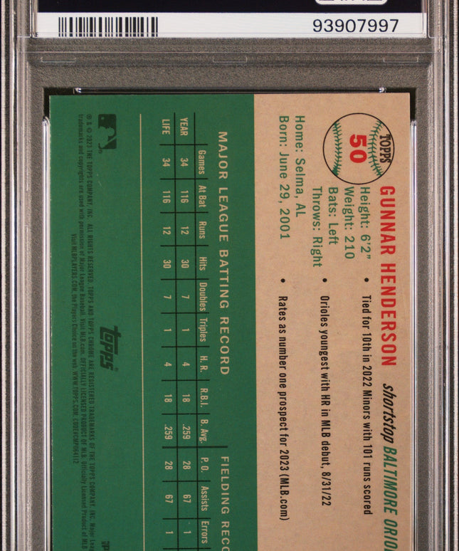 Graded 2023 Topps Platinum Anniversary Gunnar Henderson #50 Rookie RC Baseball Card PSA 10 Gem Mint