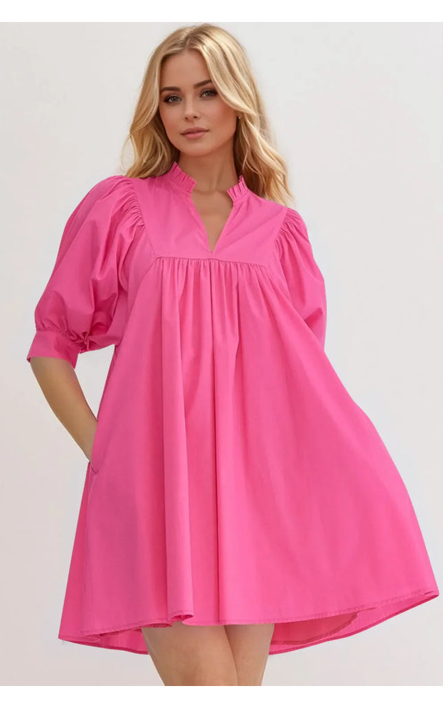 Oh Frill Notched Puff Sleeve Babydoll Mini Dress