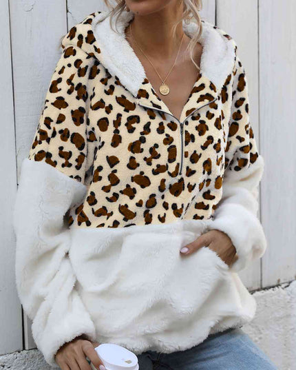 Women Leopard Half-Zip Dropped Shoulder Hoodie