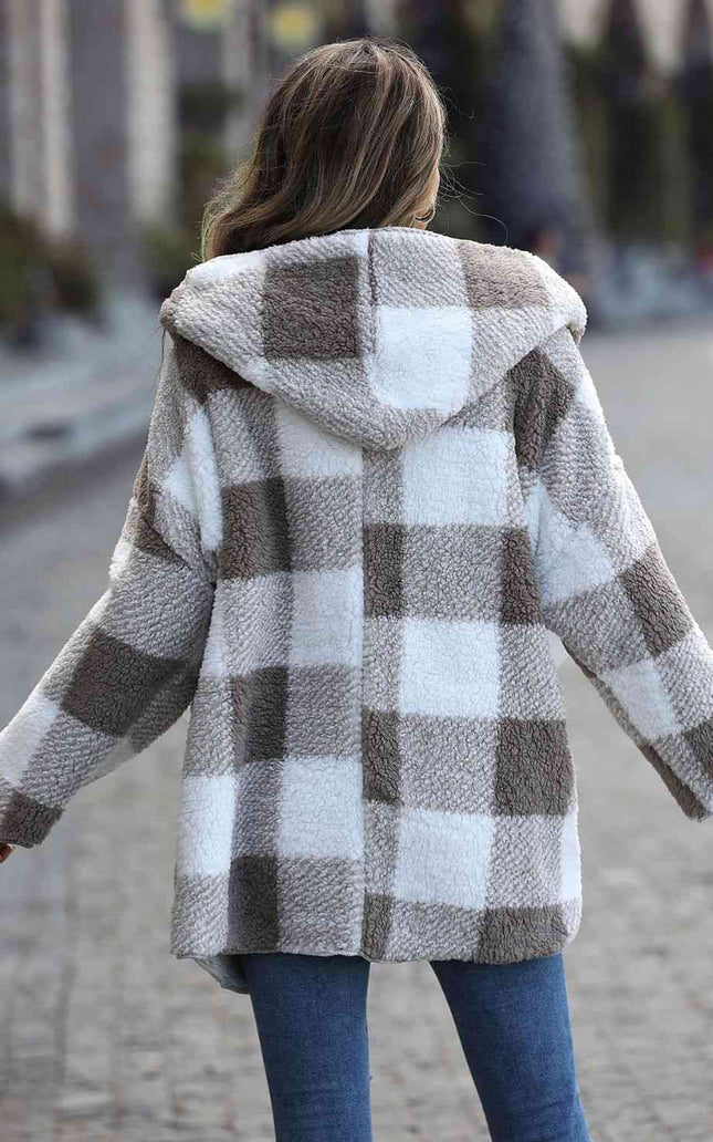 Women Plaid Open Front Hooded Coat