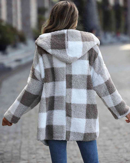Women Plaid Open Front Hooded Coat