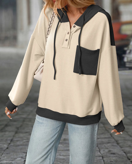 Drawstring Button Detail Long Sleeve Hoodie