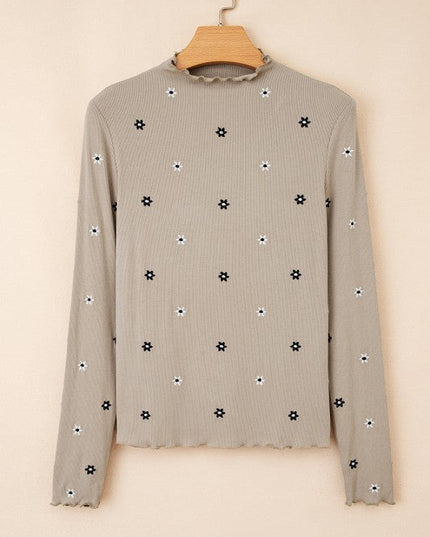 Floral Ribbed Embroidered Long Sleeve Top
