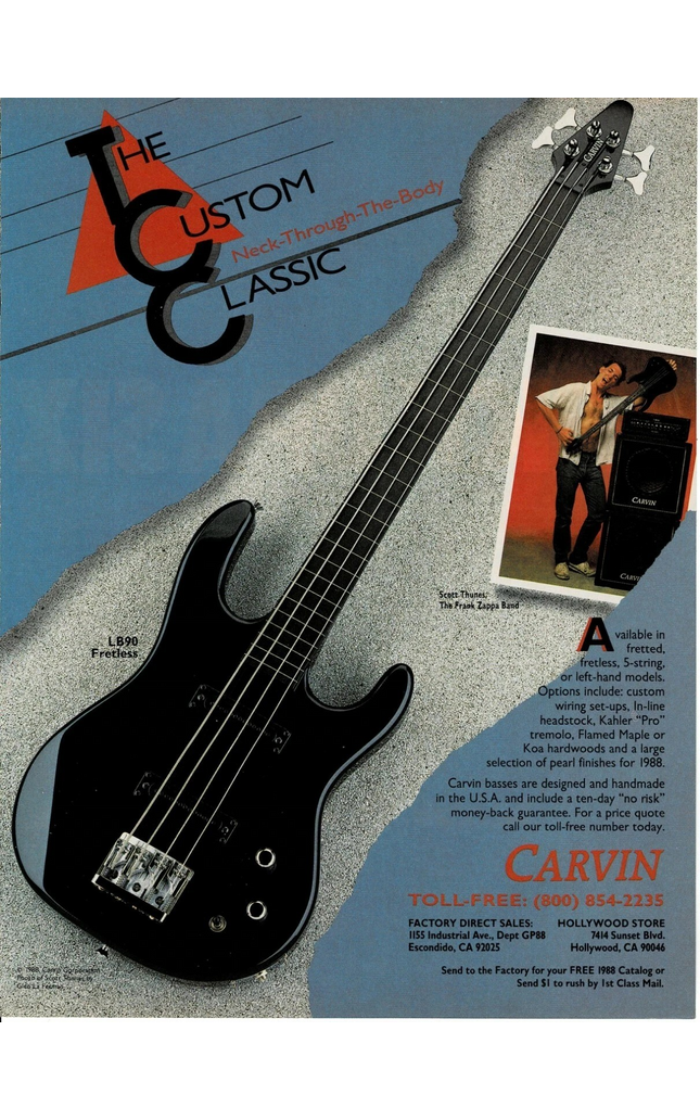 CARVIN GUITARS - SCOTT THUNES of FRANK ZAPPA BAND - 1988 Print Ad