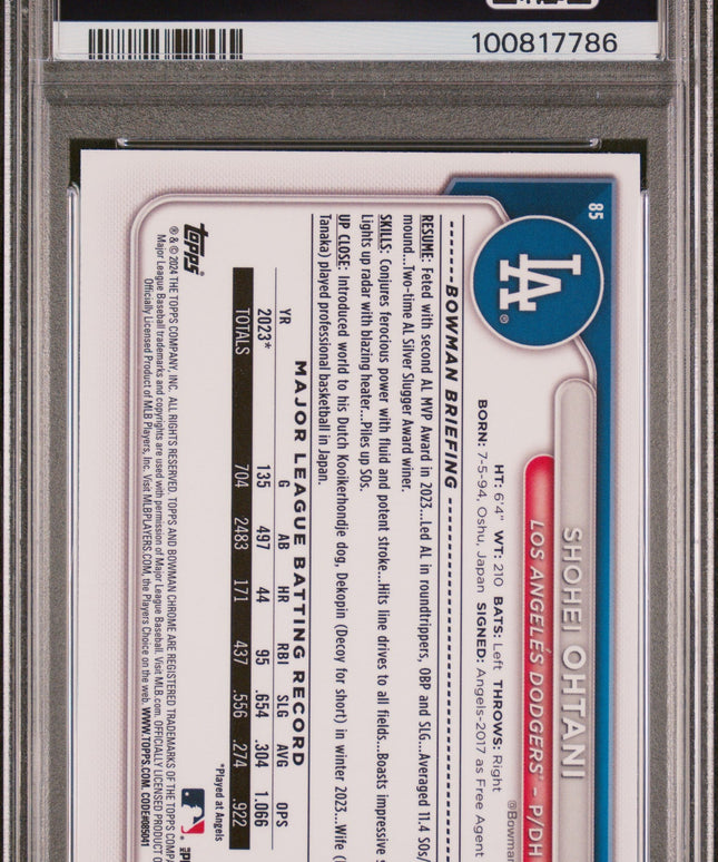 Graded 2024 Topps Bowman Chrome Shohei Ohtani #85 Baseball Card PSA 10 Gem Mint