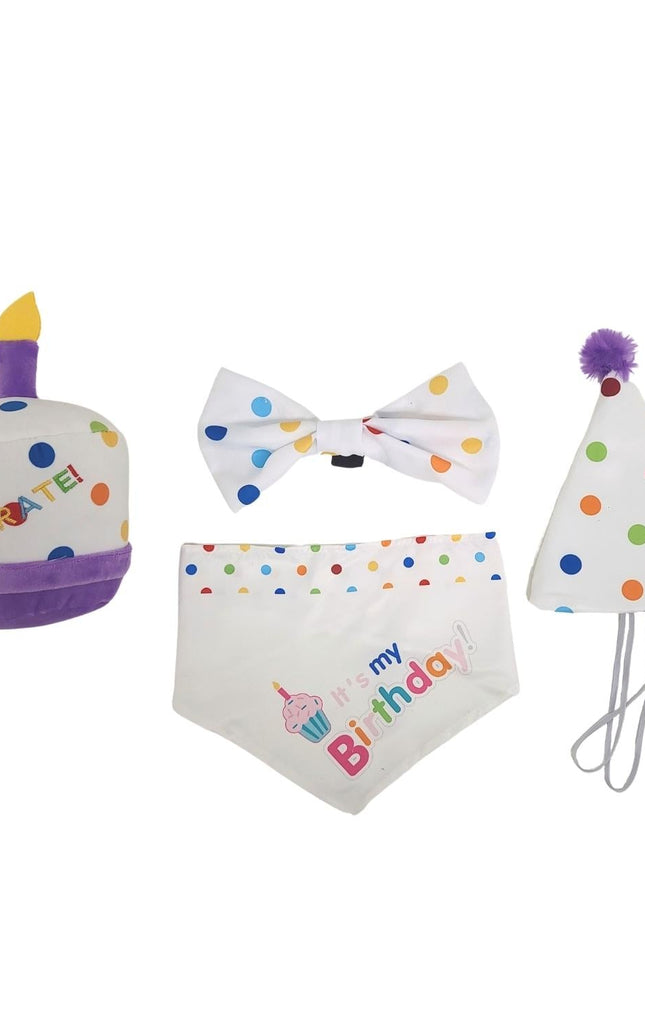 4-Piece Dog Birthday Kit – Celebrate in Style with Bandana, Hat, Bow Tie & Plush Toy