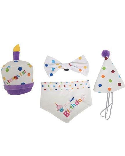 4-Piece Dog Birthday Kit – Celebrate in Style with Bandana, Hat, Bow Tie & Plush Toy