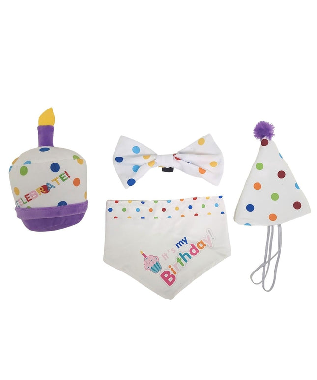 4-Piece Dog Birthday Kit – Celebrate in Style with Bandana, Hat, Bow Tie & Plush Toy