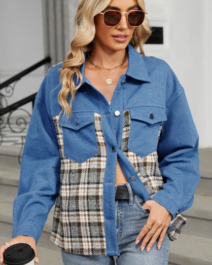 Plaid Button Up Long Sleeve Denim Jacket
