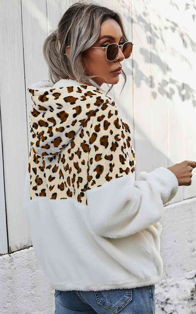 Women Leopard Half-Zip Dropped Shoulder Hoodie