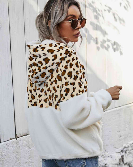 Women Leopard Half-Zip Dropped Shoulder Hoodie
