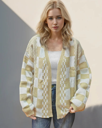 Double Take Checkered Open Front Dropped Shoulder Cardigan
