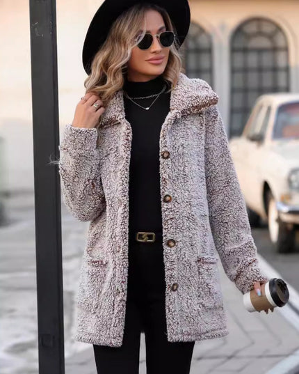 Women Pocketed Collared Neck Long Sleeve Plush Jacket