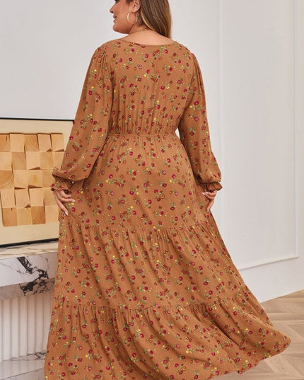 Plus Size Floral V-Neck Ruffle Sleeve Tiered Dress