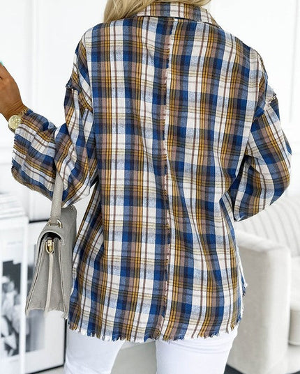 Women Plaid Pattern Asymmetric Buttons Shirt