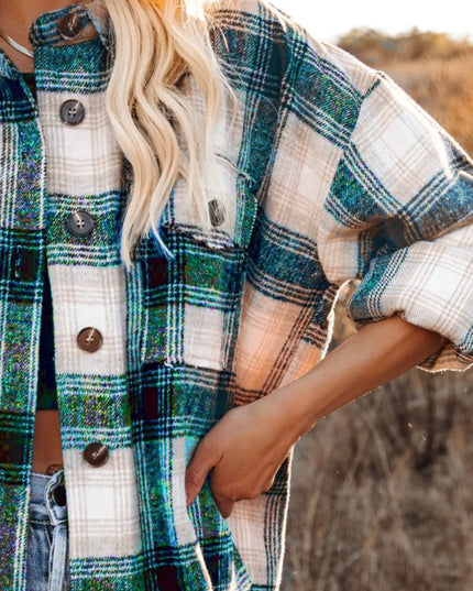 Women Pocketed Plaid Button Down Long Sleeve Shacket