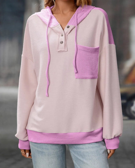 Drawstring Button Detail Long Sleeve Hoodie