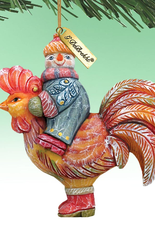 Snowman Riding Rooster Sculpted Hand-Painted Christmas Ornament by G. DeBrekht - Christmas Santa Snowman Decor - 63134