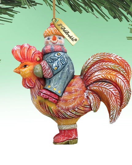 Snowman Riding Rooster Sculpted Hand-Painted Christmas Ornament by G. DeBrekht - Christmas Santa Snowman Decor - 63134