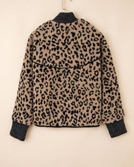 Leopard Zip-Up Stand Neck Side Pocket Jacket