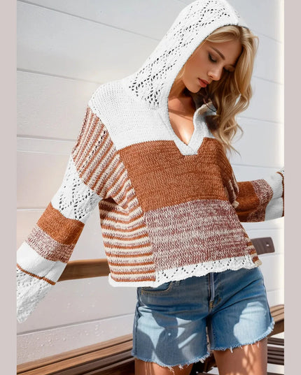 Women Double Take Full Size Openwork Contrast Long Sleeve Hooded Sweater