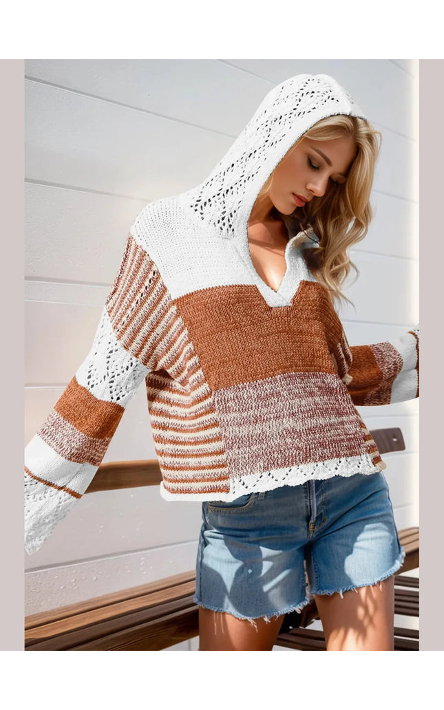 Women Double Take Full Size Openwork Contrast Long Sleeve Hooded Sweater