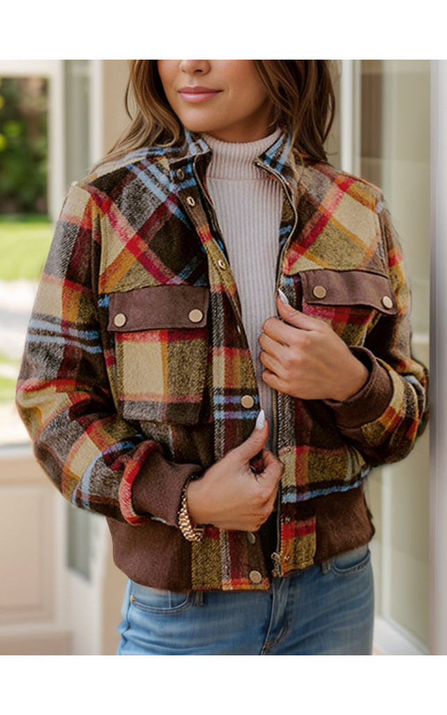 Pocketed Plaid Long Sleeve Jacket