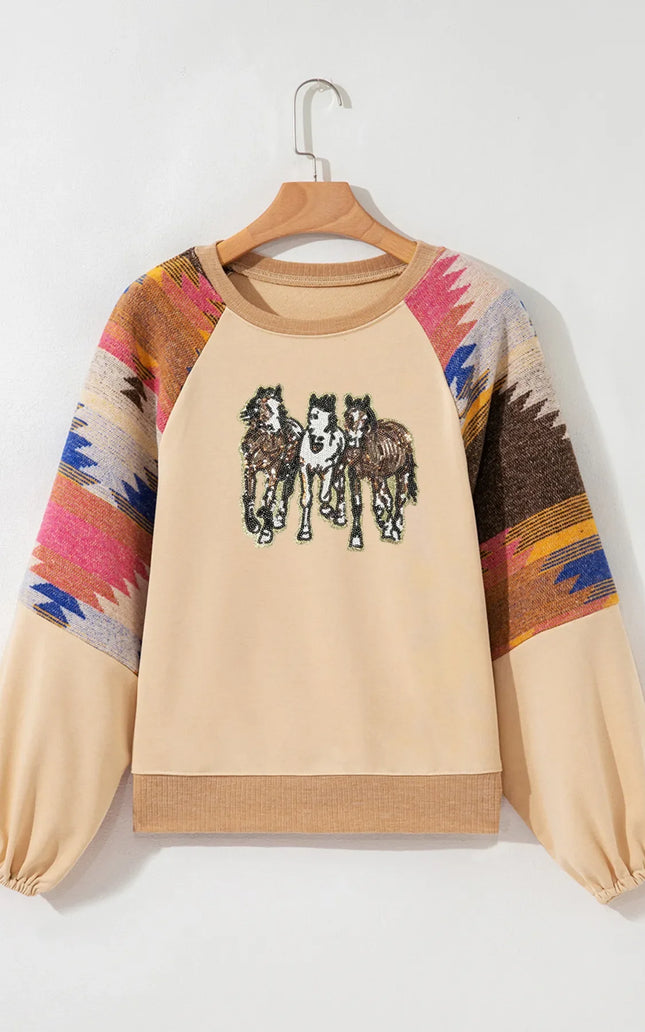 Women Sequined Western Horses Bubble Sleeve Sweatshirt