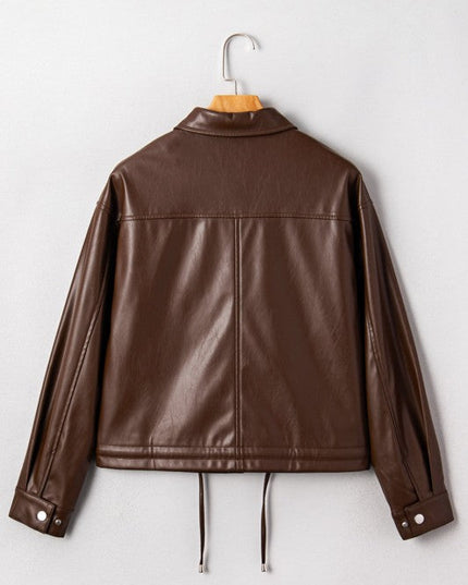 Leather Drawstring Hem Pocketed Jacket
