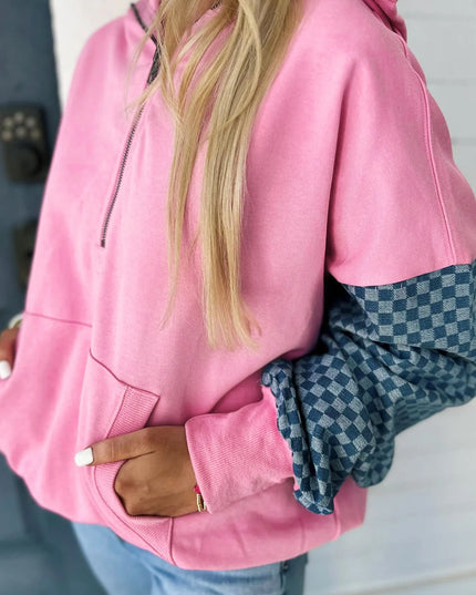 Half Zip Checkered Sleeve Hoodie
