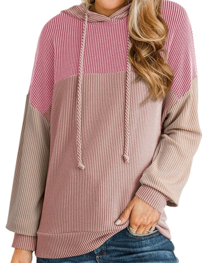 Women Drawstring Color Block Long Sleeve Hoodie