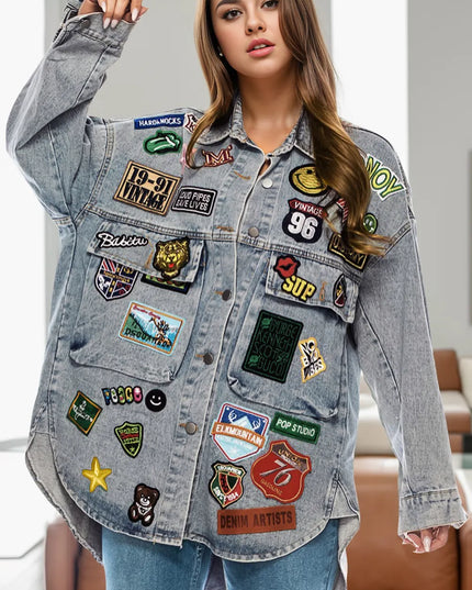 Embroidered Patch Button Up Long Sleeve Denim Jacket