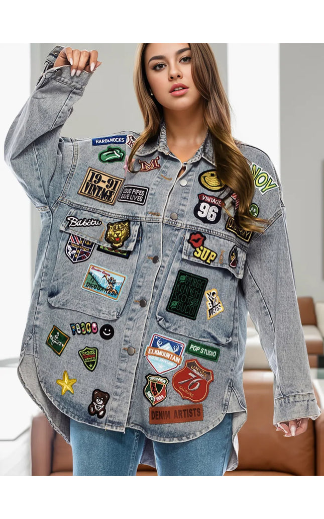 Embroidered Patch Button Up Long Sleeve Denim Jacket