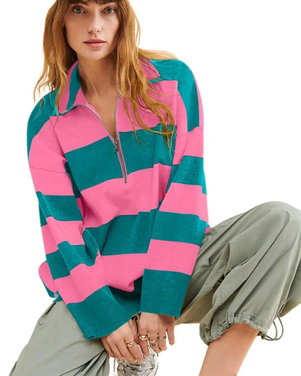 Striped Half-Zip Oversized Sweatshirt