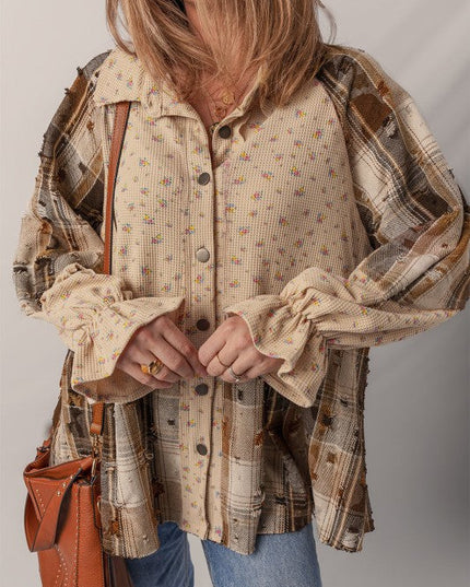 Boho Floral Plaid Patchwork Ruffle Sleeve Waffle Shacket