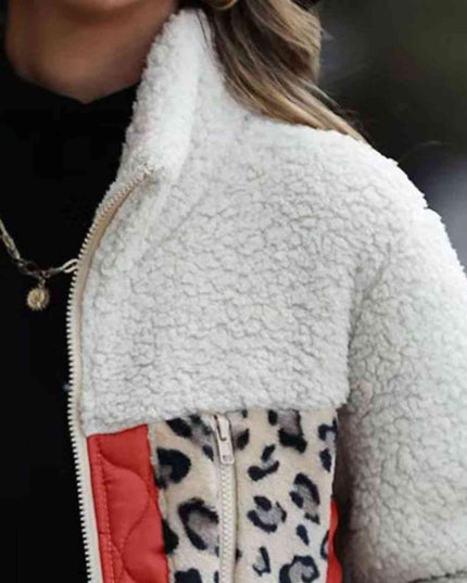 Women Leopard Color Block Zip-Up Jacket
