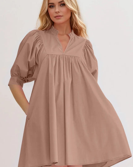 Oh Frill Notched Puff Sleeve Babydoll Mini Dress